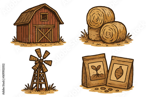 Farm and agriculture icon set. Rustic vector illustrations of classic farming elements. Cartoon barn, hay bales, windmill, and seed packets for gardening. Countryside life.