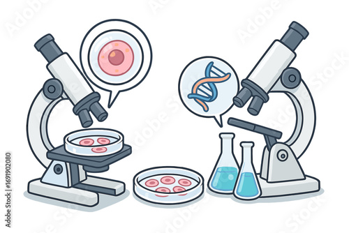 Microscope with cells in petri dish and DNA helix. Scientific laboratory research concept. Biology, medicine, genetics analysis. Blood test, microbiology. Vector cartoon set.