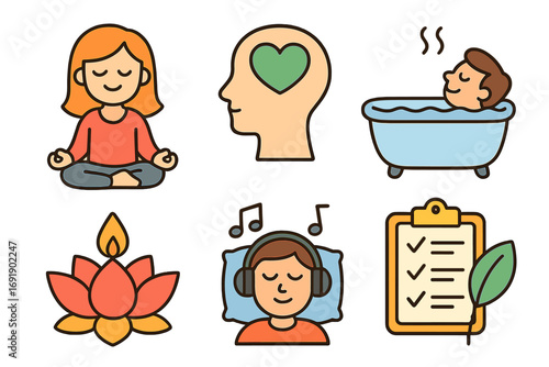 Vector icon set of self-care and mindfulness activities. Mental health and wellness concepts. Relaxation, meditation, yoga, healthy habits for stress relief. Cartoon style.