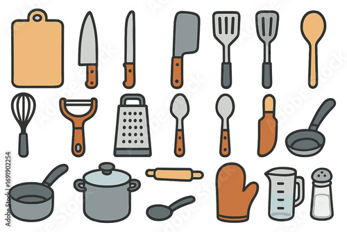 Kitchen tools and utensils vector icon set. Cooking equipment for food preparation. Culinary graphic elements like knife, pot, pan, and spatula. Home kitchenware cartoon.