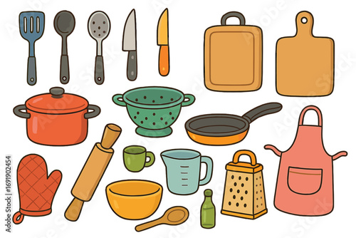Big set of kitchen utensils and tools for meal preparation. Vector cartoon icons. Home culinary equipment for cooking activities. Cookingware and kitchenware doodle collection.