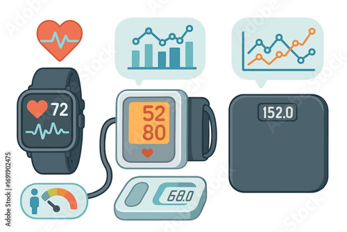 Health monitoring devices vector icon set. Smart watch, blood pressure monitor, smart scale. Heart rate, pulse, EKG, fitness tracking, health data. Medical technology cartoon.