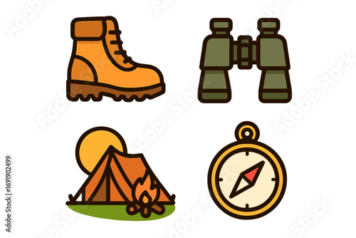 Set of outdoor camping and hiking equipment icons. Stylized vector symbols for adventure, travel and exploration. Includes boot, binoculars, tent, campfire and compass.