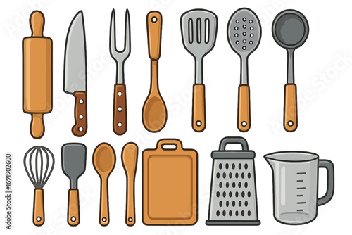 Kitchen utensils set for cooking and baking. Vector cartoon illustration of essential culinary tools. Rolling pin, knife, whisk, spatula, ladle, and grater icons for home.