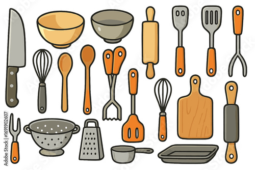 Kitchen utensils vector set for cooking and baking. Culinary tools collection with knife, whisk, spatula, rolling pin, bowl. Cookware icons for gastronomy and food prep.