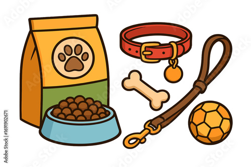 Pet care essentials set. Dog accessories collection with food, bowl, collar, leash, bone and ball toy. Vector cartoon illustration for pet shop or animal shelter concept.