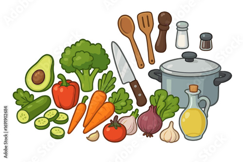 Healthy meal prep vector concept. Fresh vegetable ingredients for cooking a diet recipe. Cartoon food illustration with kitchen utensils for healthy eating and nutrition.