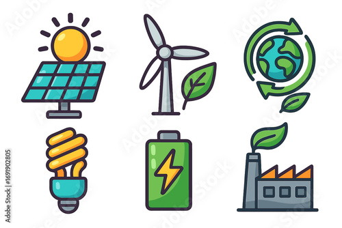Green energy icon set with solar panel, wind turbine, recycling earth, eco lightbulb, and battery. Renewable and sustainable power concepts. Vector ecology illustration.