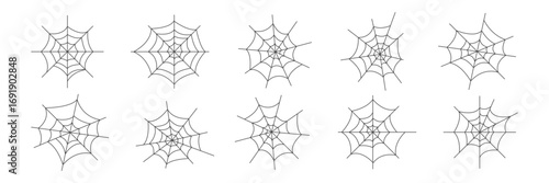 Collection of spider web illustrations for spooky Halloween decoration and creepy design elements. Spiderweb for greeting cards, posters, invitations, and party visuals.