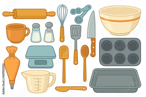 Kitchen utensils baking and cooking set. Vector cartoon illustration of tools and equipment. Rolling pin, whisk, bowl, scale, pan. Gastronomy, culinary, bakery icons.