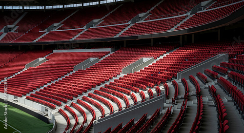 Rows of empty red seats fill a stadium, creating a pattern of lines and curves in the architecture.