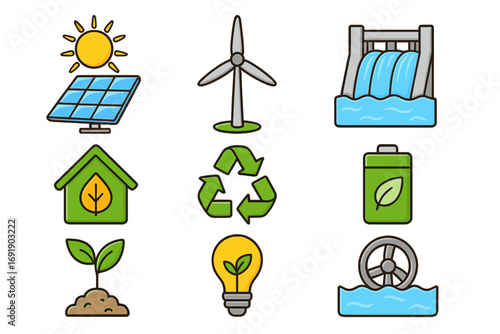 Renewable energy icon set. Green power and sustainable technology collection. Vector cartoon illustrations of solar panel, wind turbine, hydro dam, and eco symbols for clean energy.