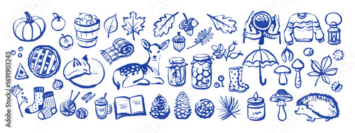 Autumn doodle set with pumpkins, forest animals, pie, drinks, leaves, cozy objects. Whimsical hand drawn vector illustration.
