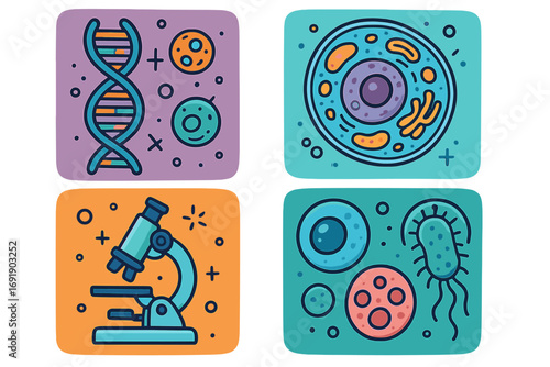 Molecular biology icon set. Scientific vector illustrations of DNA helix, animal cell, microscope, and bacteria. Cartoon graphics for genetics, microbiology, and science research.