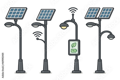 Set of solar street lights with panel. Smart city technology. Renewable energy concept. Urban lighting pole collection. Eco-friendly, sustainable power. Vector illustration.
