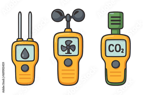 Vector icon set of measuring tools. Moisture meter for humidity, anemometer for HVAC air flow, and CO2 carbon dioxide gas detector. Air quality analysis and testing equipment.