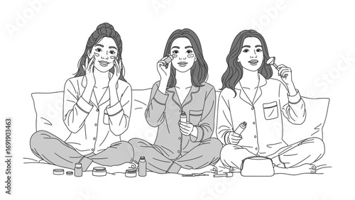 Three young women in pajamas applying makeup and skincare products during a fun slumber party or beauty routine at home