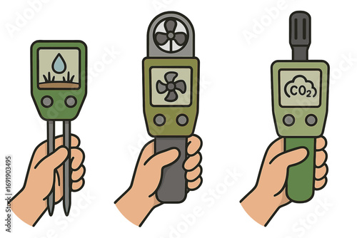 Set of hands holding measurement tools. Soil moisture meter, anemometer for HVAC, and CO2 sensor for agriculture technology. Smart farming and environmental control concept.