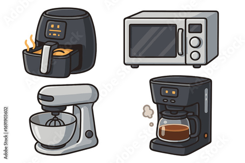 Set of modern kitchen appliances vector illustration. Collection of household cooking equipment icons. Air fryer, microwave, stand mixer, and coffee maker cartoon style.