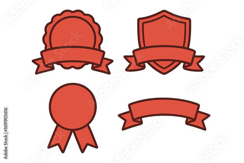 Red badge and ribbon design set with various styles for digital projects, branding, awards, and certificates, vector cartoon illustration, transparent background, versatile graphic elements