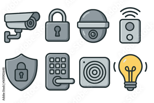 Smart home security and automation icon set. Vector collection of modern technology symbols like CCTV camera, smart lock, sensor, alarm, and light bulb for IoT applications.