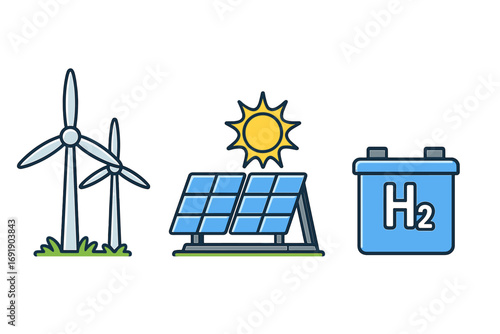 Renewable energy icons with wind turbines, solar panels, and hydrogen batteries symbolizing clean, sustainable technology and green power sources in vector cartoon style