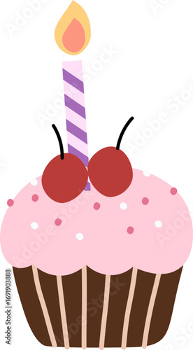 Birthday Cake with Candle. Cupcake with cherry topping for birthday party. Cake with Candle for Wedding.