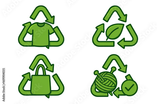 Sustainable fashion icon set with recycling symbols. Eco friendly clothing, textile reuse and ethical production concept. Slow fashion for environmental awareness. Vector.
