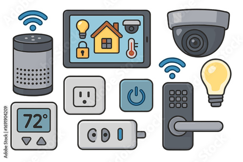 Smart home automation technology vector icon set. Internet of Things (IoT) concept with devices like security camera, smart lock, thermostat, speaker, light bulb, outlet.