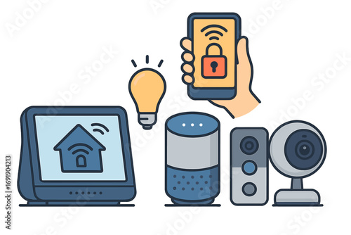 Smart home devices for connected living, convenience and security in modern environments, vector cartoon illustration with smart speaker, security camera, smartphone and smart light