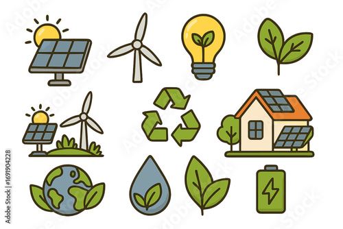 Renewable energy icon set with solar panel, wind turbine, and recycle symbol. Sustainable green technology and ecology concepts for conservation. Vector cartoon graphics.