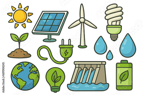 Renewable energy icon set. Green technology and sustainable power sources. Vector cartoon illustration of solar panel, wind turbine, hydro dam, and eco friendly symbols.