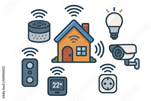Smart home devices connected system for convenience and security, modern living technology icons set with voice assistant, security camera, thermostat, smart plug, light bulb vector illustration