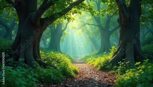 Enchanted woodland path winding through ancient trees, dappled sunlight filtering through leaves, mystical atmosphere, magical realm , journey, woods, adventure