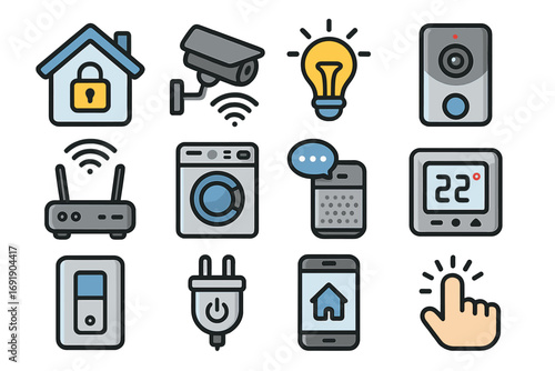 Smart home icon set. Home automation vector graphics. Security, appliances, control systems. Internet of Things (IoT) technology for modern living. Cartoon illustration.