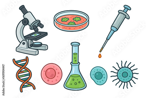Biology science research icon set. Cartoon vector illustration of laboratory equipment. Microscope, DNA, cell, virus, petri dish, chemistry flask for medical experiment.