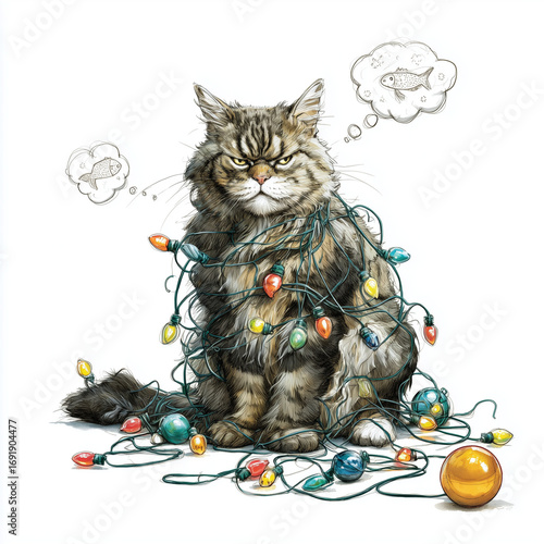 Grumpy Cat in Christmas Lights Chaos