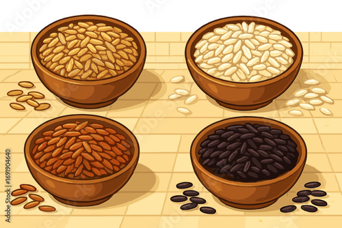 Rice varieties in bowls. Brown, white, red, and black rice assortment. Healthy food ingredient illustration. Agricultural diversity concept. Cereal grains for nutrition and diet.