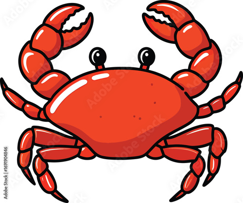A vibrant red cartoon crab with its claws raised in a playful or defensive gesture, set against a plain white background, symbolizing the ocean and its fascinating marine life