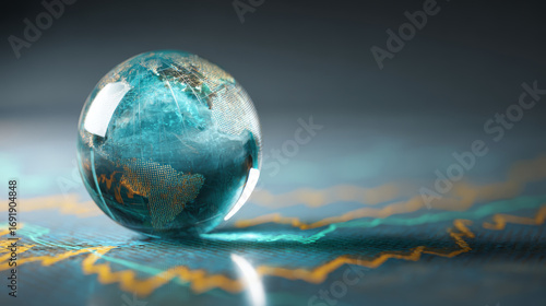 Glass globe world map financial chart economic growth global business investment data analysis blue background modern reflective