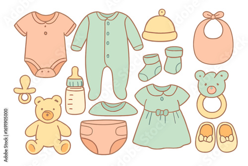 Baby clothes and newborn accessories set. Cute cartoon vector illustration in soft pastel colors. Layette essentials for baby care, fashion, and baby shower ideas.