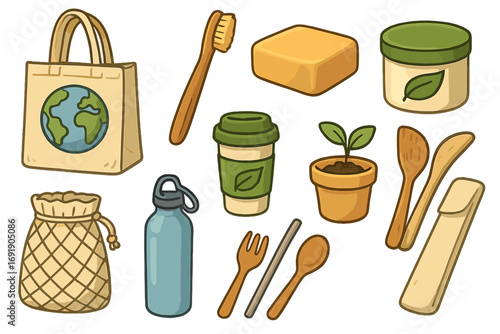Eco friendly items for sustainable living. Zero waste lifestyle objects collection. Reusable tote bag, bamboo toothbrush, cutlery, coffee cup. Vector cartoon illustration set.