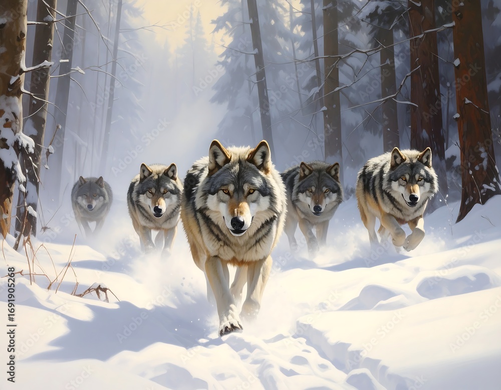 Naklejka premium Wolves running in snowy wood