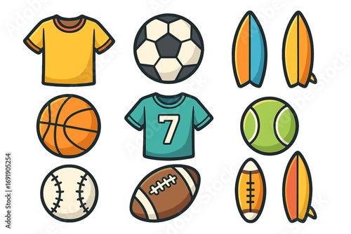 Sports equipment icon set. Vector cartoon illustration collection. Football, basketball, soccer, baseball, tennis balls, shirts, jersey and surfboards. Athletic activity.