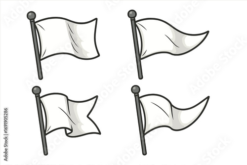 Set of white flags waving on a flagpole. Symbol of surrender, peace, or truce. Blank banner for custom design. Vector cartoon illustration icon collection. Mockup for defeat.