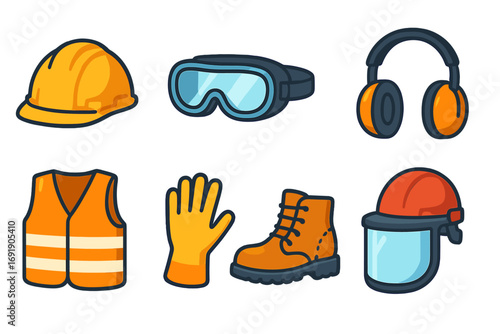 Work safety personal protective equipment PPE icon set. Vector cartoon of industrial gear. Includes helmet, goggles, earmuffs, boots, hivis vest, gloves and face shield.