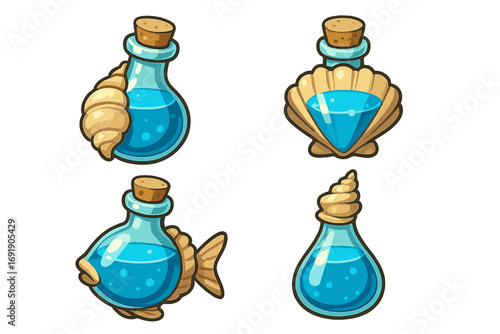 Set of sea potion bottles with shells and fish shape. Magic blue liquid elixir for fantasy games. Ocean mana or poison vial icon collection. Cartoon vector illustration.