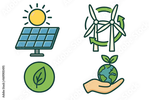 Sustainable energy icon set with solar panel and wind turbines. Renewable and eco friendly power generation concept. Green future, planet conservation and ecology vector cartoon.