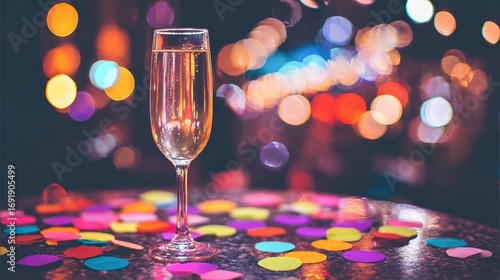 Celebratory moment with a champagne glass surrounded by colorful lights and festive confetti.