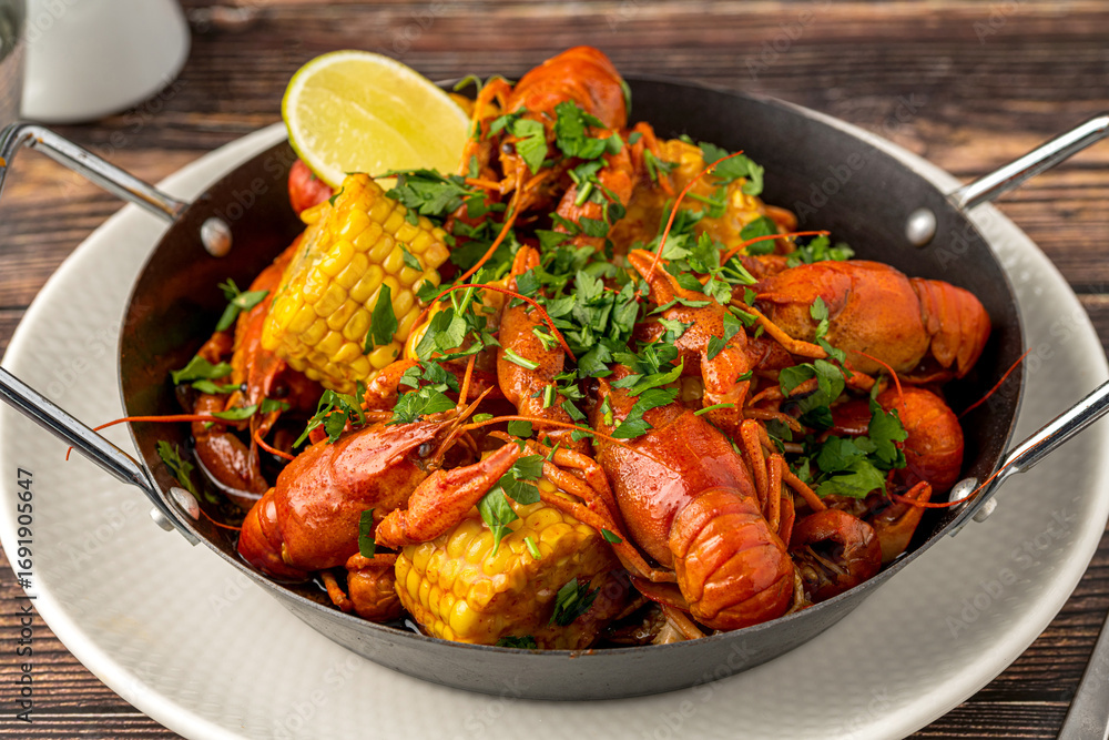 Cooked crayfish with corn and herbs in a serving pan Cooked crayfish with corn and herbs in a serving pan